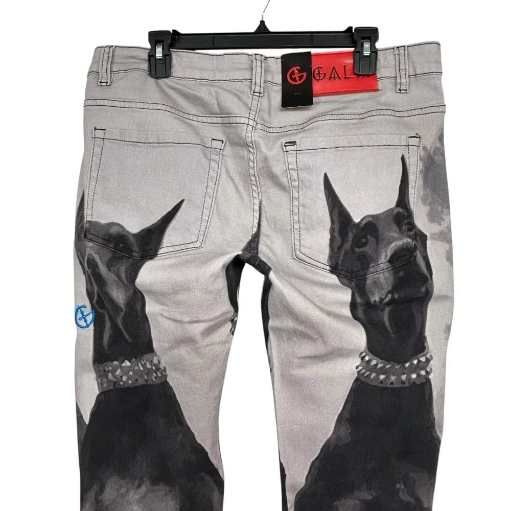 Gala Jeans NWT $180 Doberman Dog Graphic Gothic Blue Script Streetwear Sz W36 - Picture 6 of 16